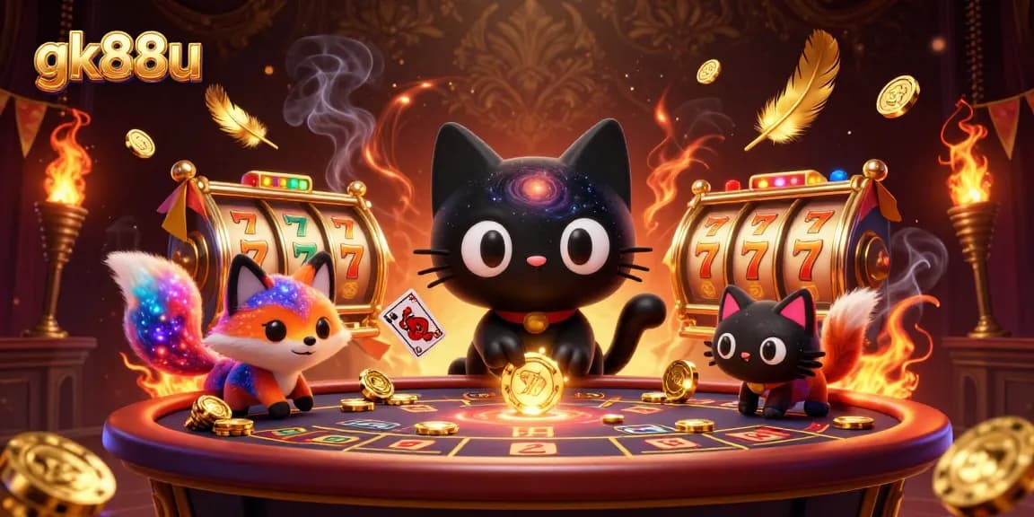 Engage with gk88u as a black hole cat attracts golden chips and jackpot reels in a vibrant casino.