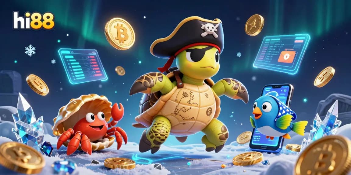 Bet on hi88 with a vibrant 3D pirate scene showcasing treasures and crypto elements