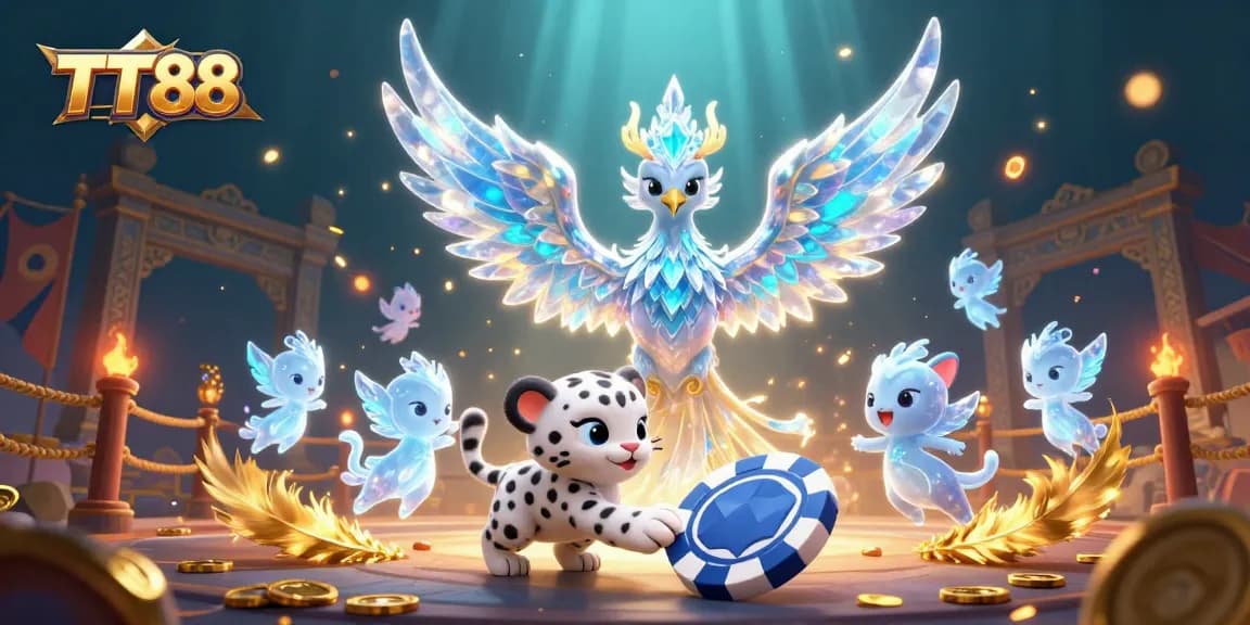 TT88 engages gamblers with a dynamic scene featuring an ice phoenix, poker elements, and rich gaming details.