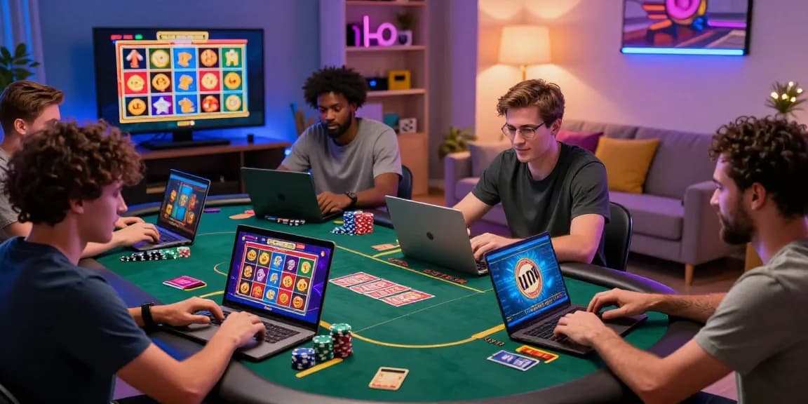 Online casinos that accept credit cards create vibrant home gaming experiences, showcasing players enjoying virtual casino games.