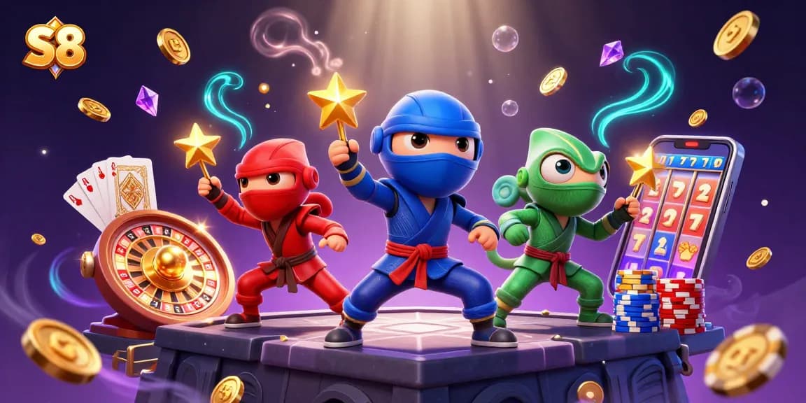 S8 attracts players with vibrant 3D chameleon ninjas, casino elements, and action-packed visuals.