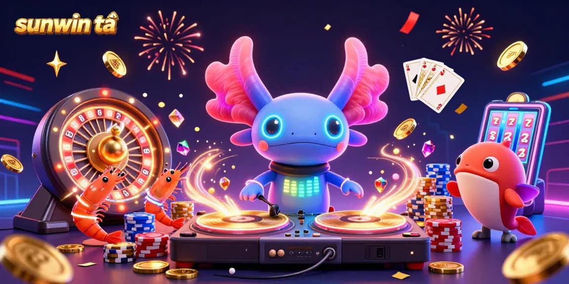 Experience the excitement of gaming with sunwin tải in a vibrant underwater party featuring a DJ axolotl.