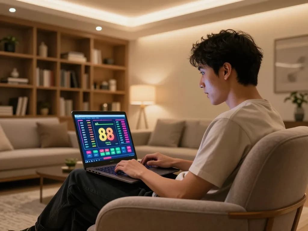 Kèo nhà cái 88 sports betting action on a laptop in a modern living room setting