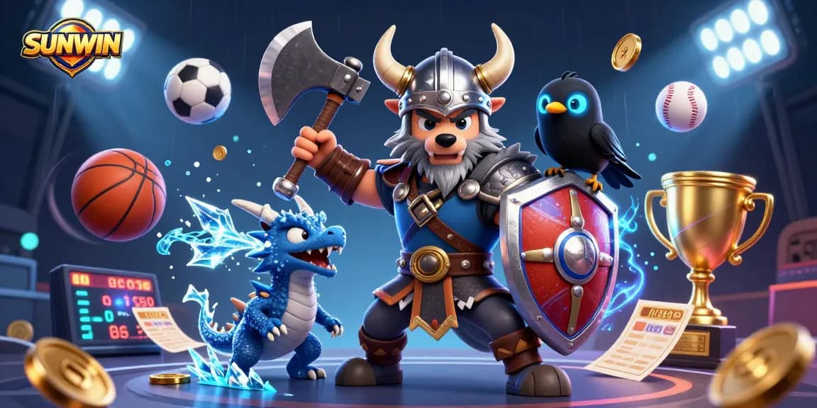 SUNWIN players engaging in thrilling bets with animated Viking wolf, dragon, and sports-themed elements.