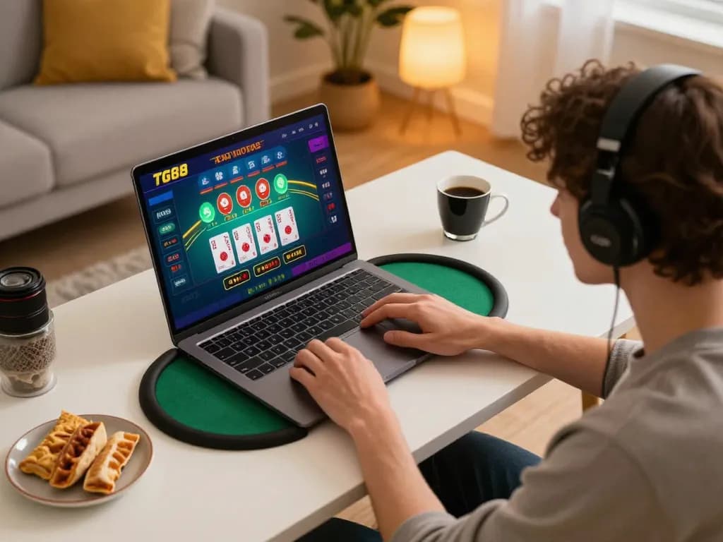 Person engaging with TG88 online casino app on modern laptop at home desk