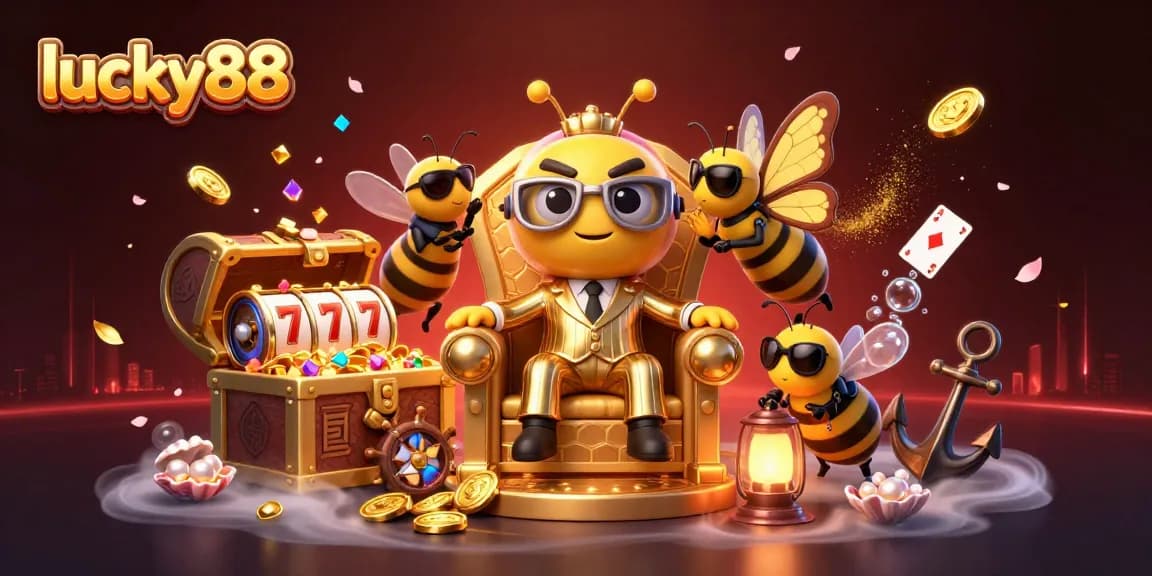 Witness lucky88 in action with a dynamic 3D casino scene featuring a mob boss, wasp bodyguards, and vibrant slot elements.