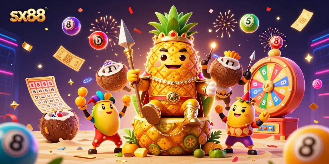 SX88 immersive gaming scene featuring the golden pineapple king and engaging lottery elements in a dynamic casino setup.