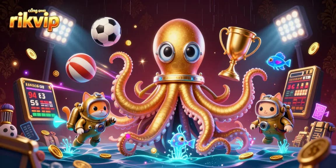 Experience thrilling gameplay at cổng game rikvip with an exciting dynamic illustration featuring a kraken and diving cat.
