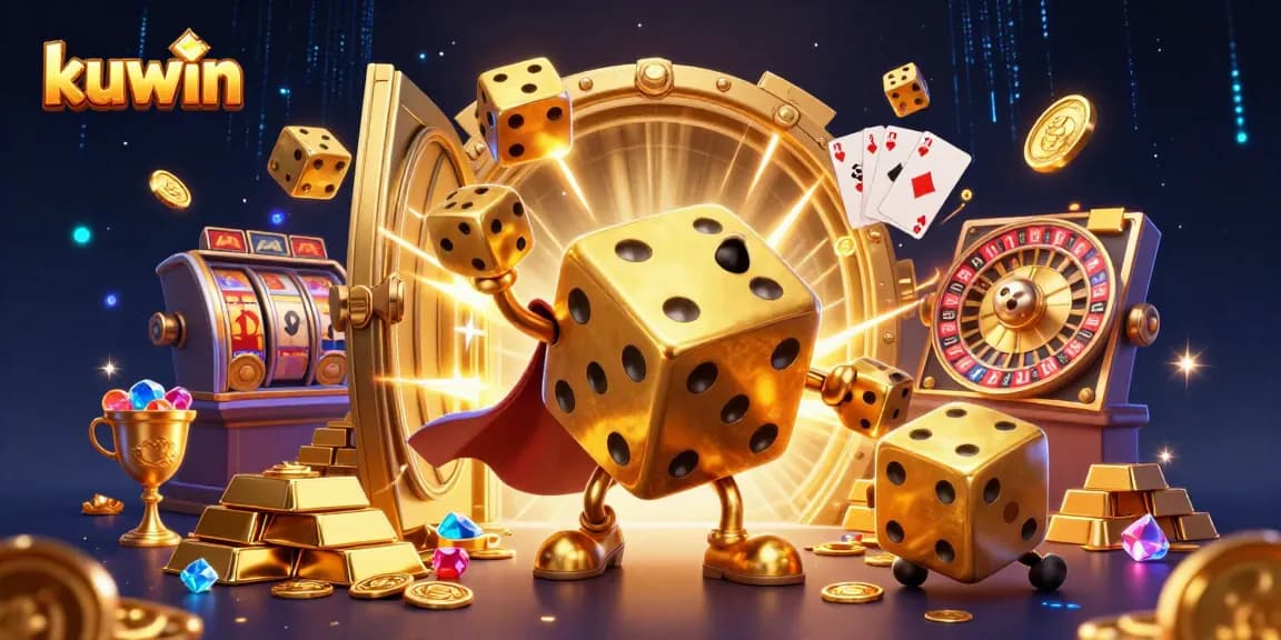 Kuwin's dynamic gambling scene features golden dice juggling at a lively casino setting, showcasing endless winning possibilities.