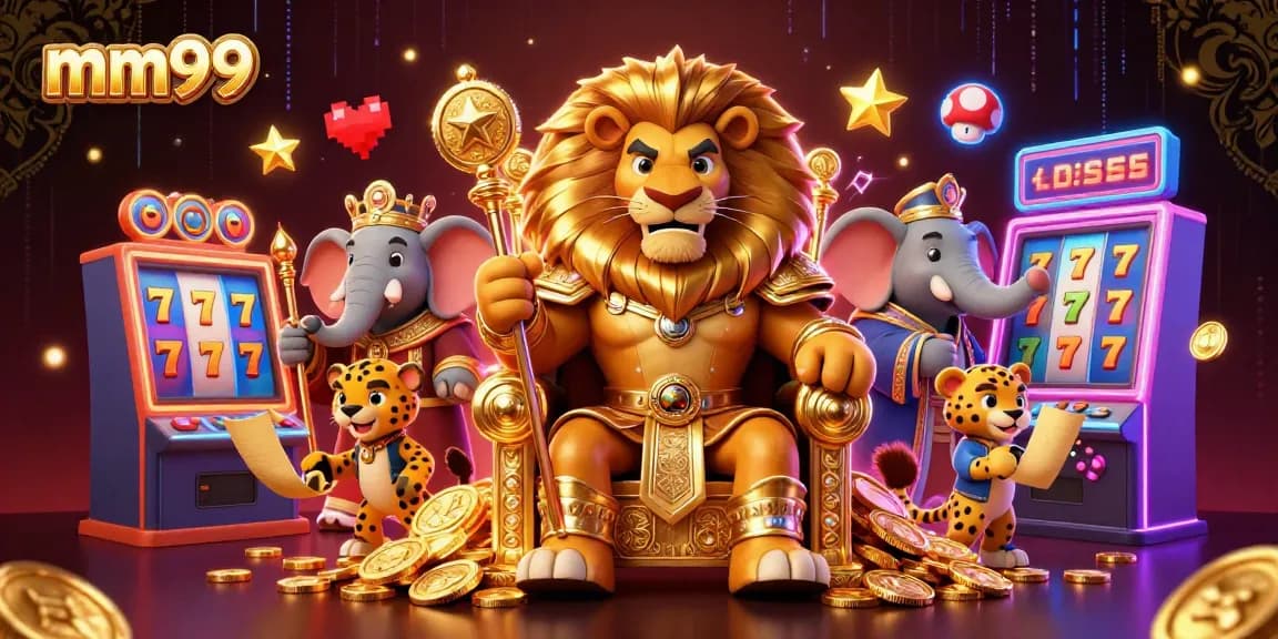 Experience epic wins at mm99 with a powerful lion king in a vibrant casino setting, showcasing game machines and jackpots.