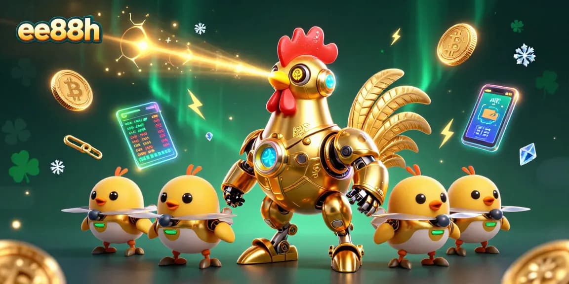 Experience exciting gameplay at ee88h with a golden rooster robot and adorable chick drones in a vibrant casino world.