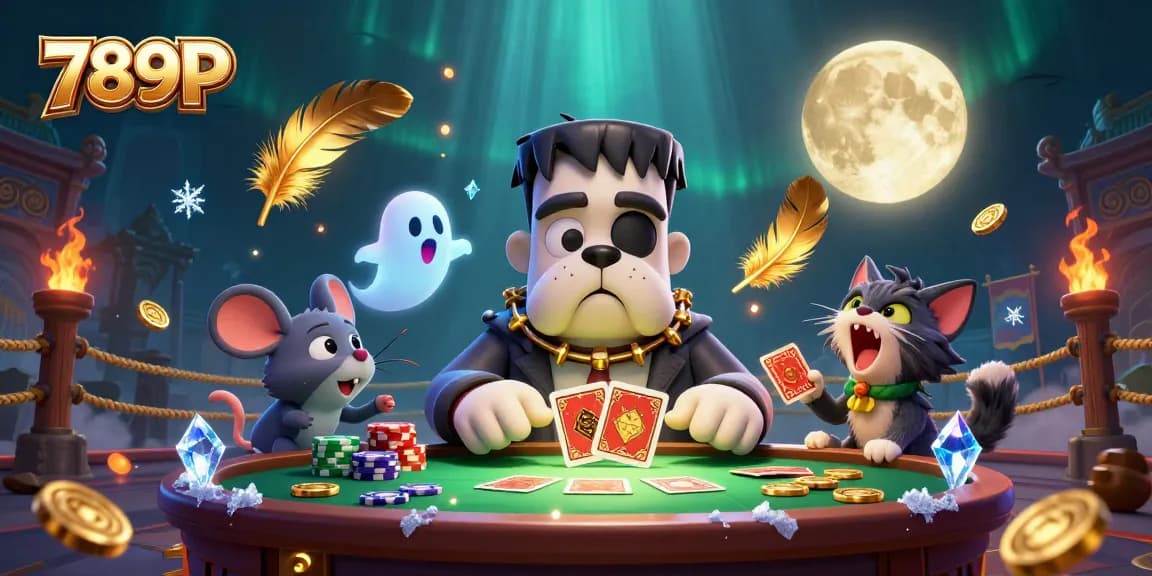 Engage in 789P's casino adventures with a detailed scene of a Frankenstein bulldog dealing cards.