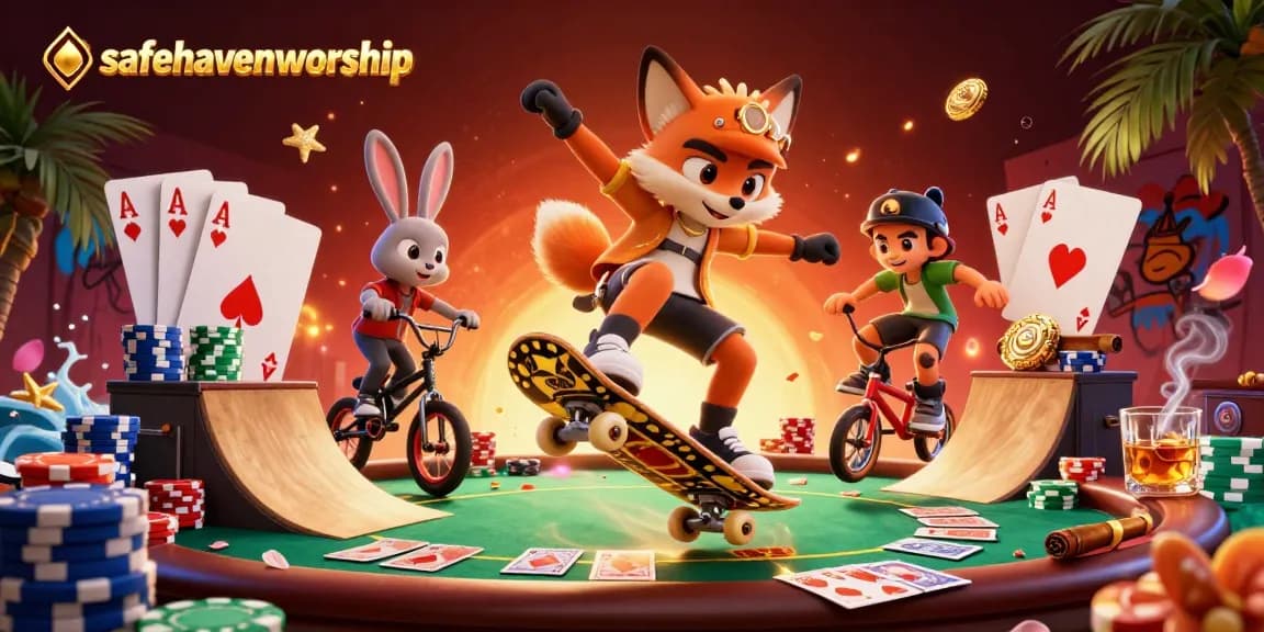 Engage with safehavenworship as a cartoon fox and rabbit celebrate vibrant casino gameplay with poker chips and cards.