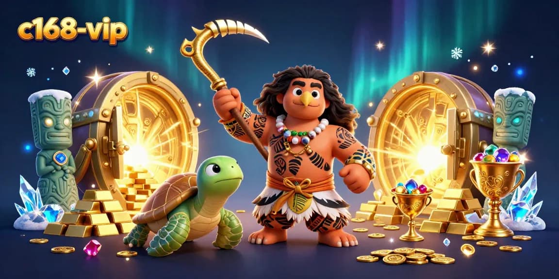 Engage in thrilling games at c168-vip with vibrant casino elements and characters in a rich 3D scene.