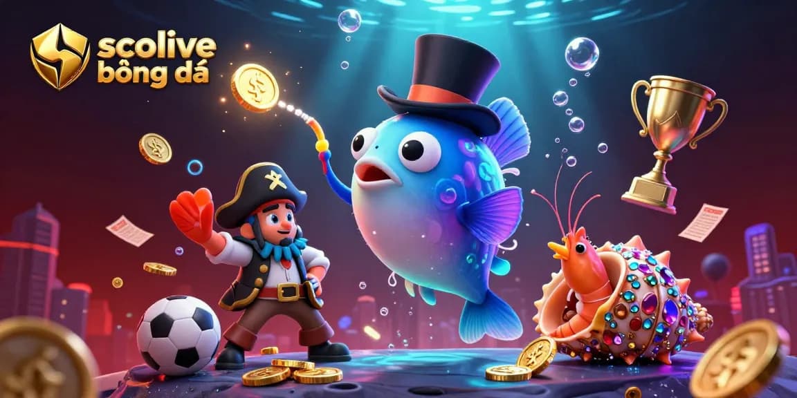 Socolive bóng đá showcases a vibrant scene with deep-sea characters and sports elements, illustrating the excitement of football betting.