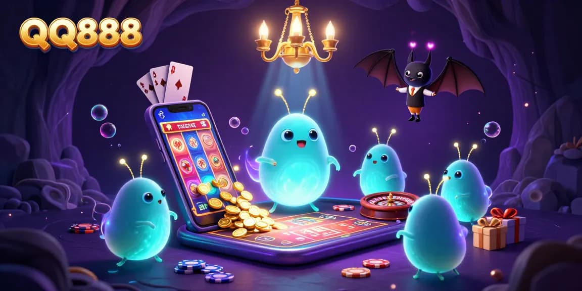 Experience gaming excitement at QQ888 with glowworms lighting up a vibrant cave casino scene.