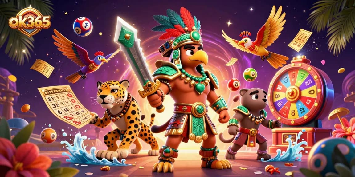 Experience thrilling wins with ok365 as Aztec warriors celebrate amidst vibrant lottery elements.