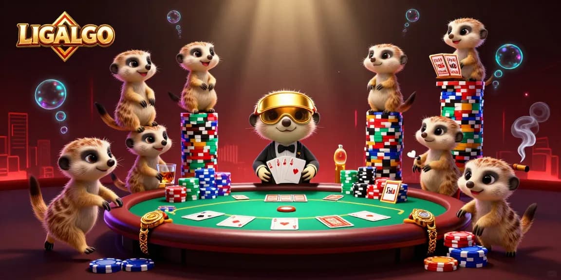 LIGALGO showcases a vibrant casino run by meerkats, emphasizing card action and rich game elements.