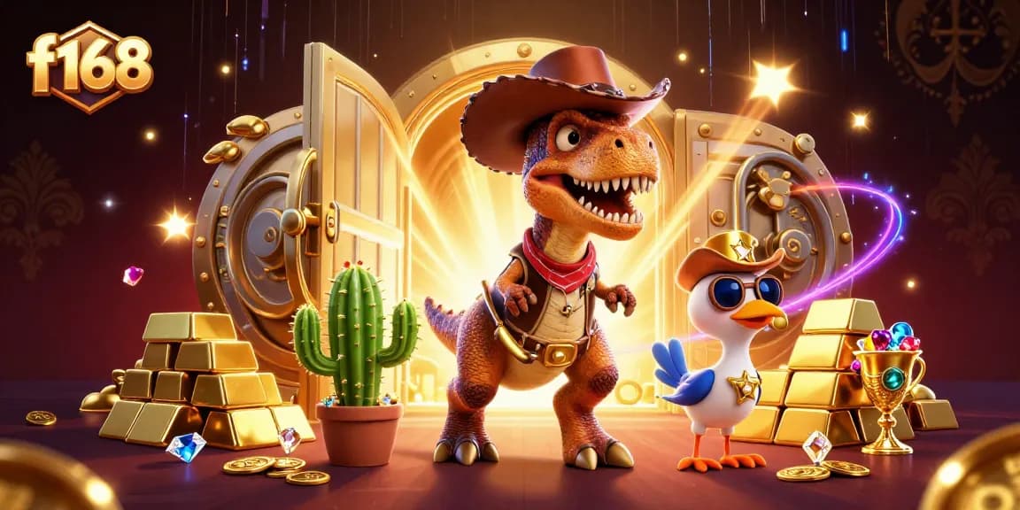 Spin the reels at f168 in a dynamic 3D gambling scene featuring a T-Rex and treasures.
