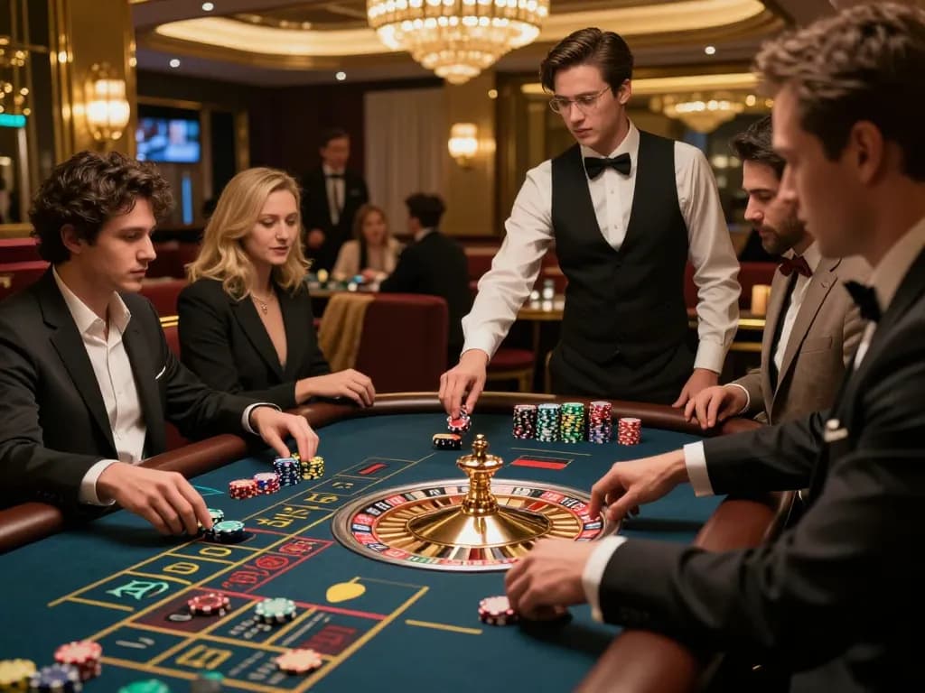 LC88 players placing bets at a luxurious roulette table in an upscale casino atmosphere.