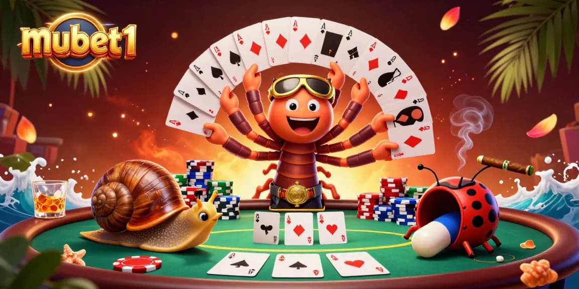 Engage in thrilling action at mubet1 with a cartoon millipede dealer, playing cards, and excited characters.