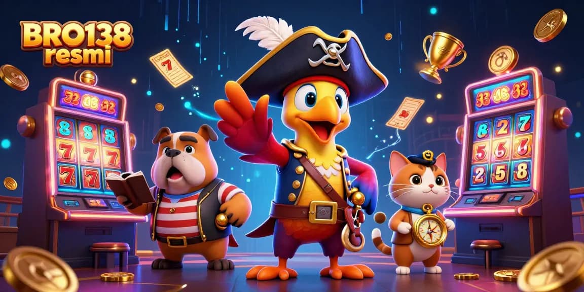 Experience the excitement of BRO138 resmi with vibrant slot machines and characters in action.