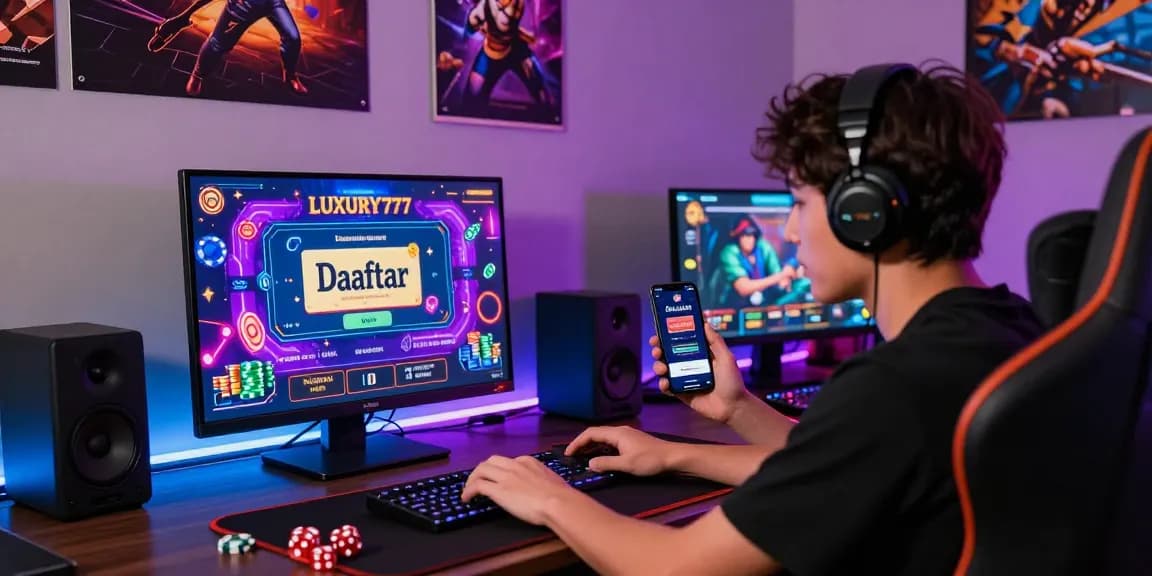 Pengguna yang antusias terhubung dengan LUXURY777 Daftar di laptop dalam suasana permainan online yang ceria dan modern.
