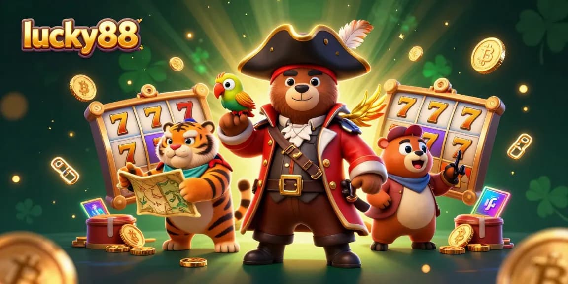 Engage in the lucky88 adventure with a vibrant 3D pirate-themed casino illustration.