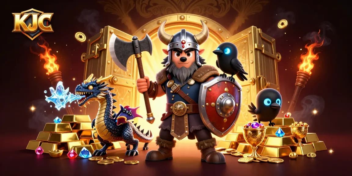 KJC elevates your gameplay experience with a vibrant 3D casino illustration featuring a Viking warrior and magical elements.
