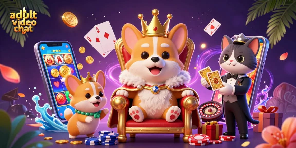 Engage in adult video chat with playful characters amidst a colorful casino theme.