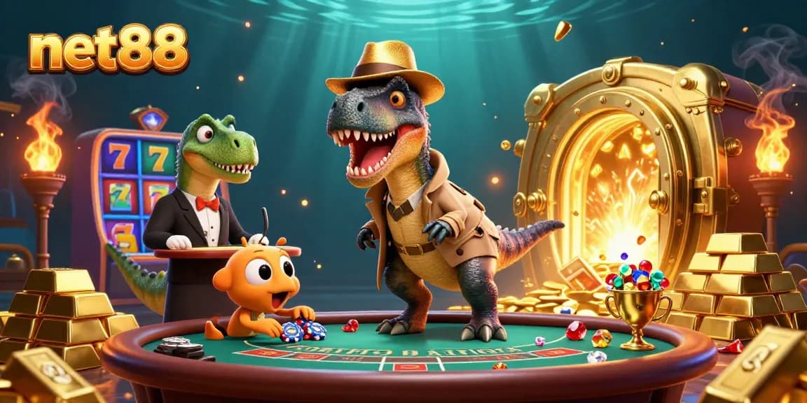 Experience net88 at this vibrant 3D casino scene with a velociraptor card counter, stegosaurus pit boss, and exciting game elements.
