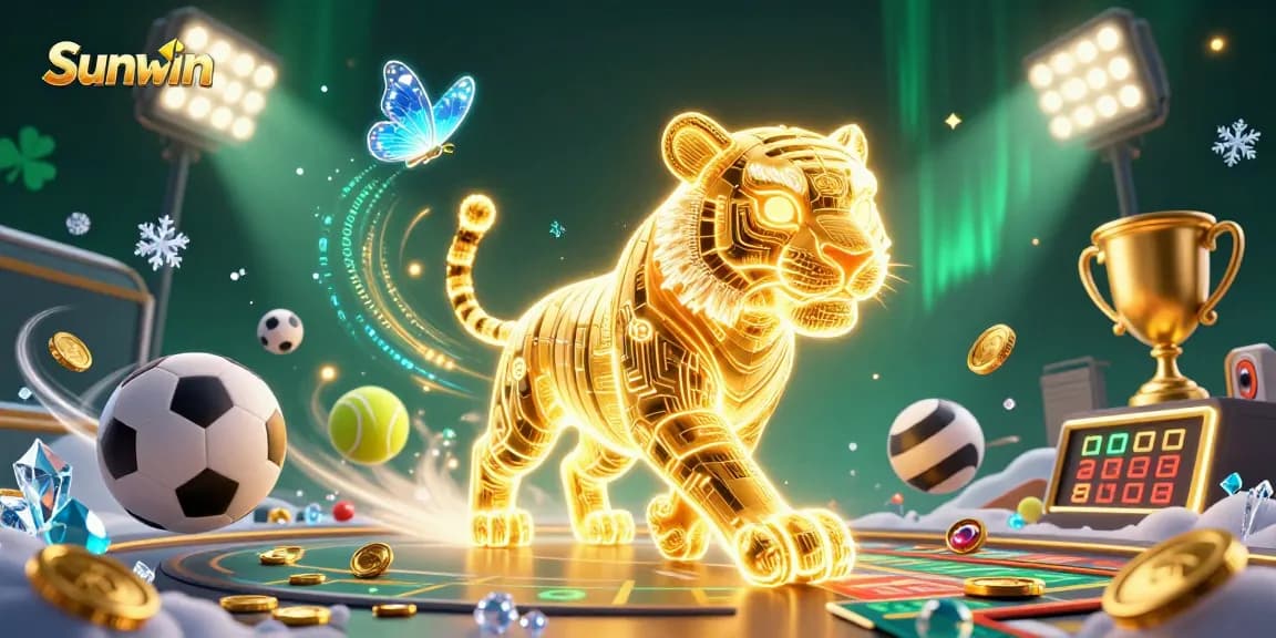 Sunwin showcases a vibrant digital casino scene with a golden tiger, animated sports elements, and dynamic casino visuals.