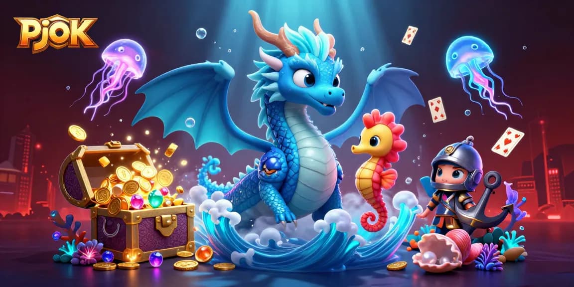 Engage with the vibrant PJOK casino scene featuring an ocean dragon, seahorse knight, and glowing treasures.