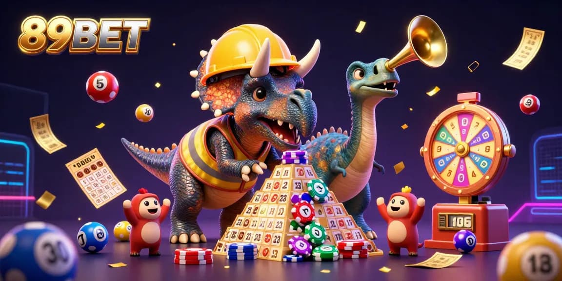 Experience the excitement of 89BET while a triceratops builds a poker chip pyramid in a vibrant casino scene.