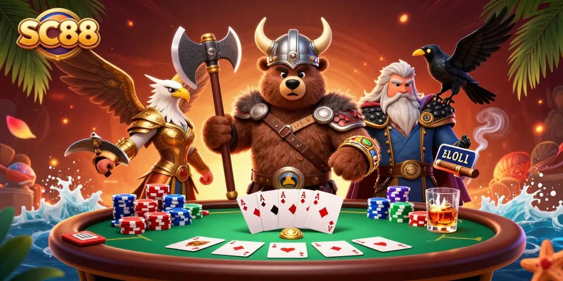 Join the thrilling action of SC88 with a Viking bear and Valkyrie in a vibrant casino scene.