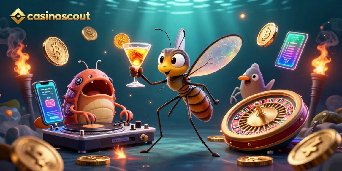Experience the excitement of casinoscout's gaming world with a vibrant 3D casino illustration featuring unique characters.