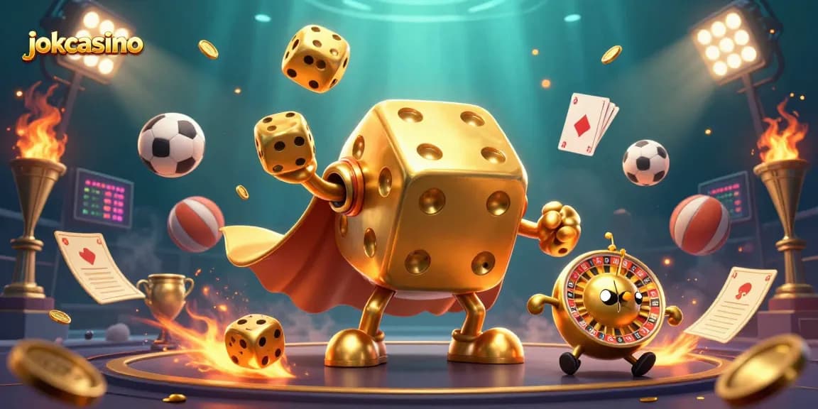 Engage with jokacasino in a vibrant scene of gaming energy featuring a golden dice golem.