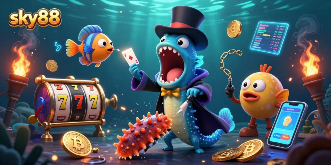 Experience thrilling magic with sky88 in this vibrant casino scene featuring animated characters and glowing crypto coins.
