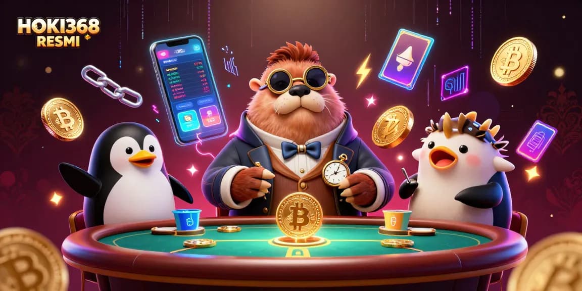 Engage in thrilling poker action at HOKI368 RESMI, showcasing vibrant characters and cryptocurrency elements.