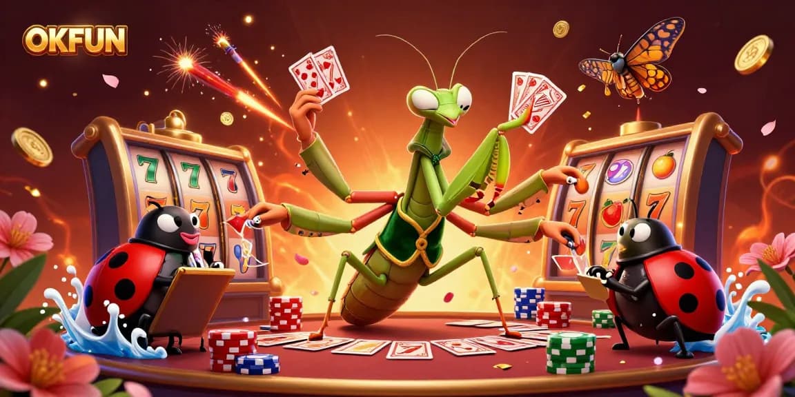 Win big with OKFUN in a vibrant casino atmosphere featuring a giant mantis and ladybug characters.