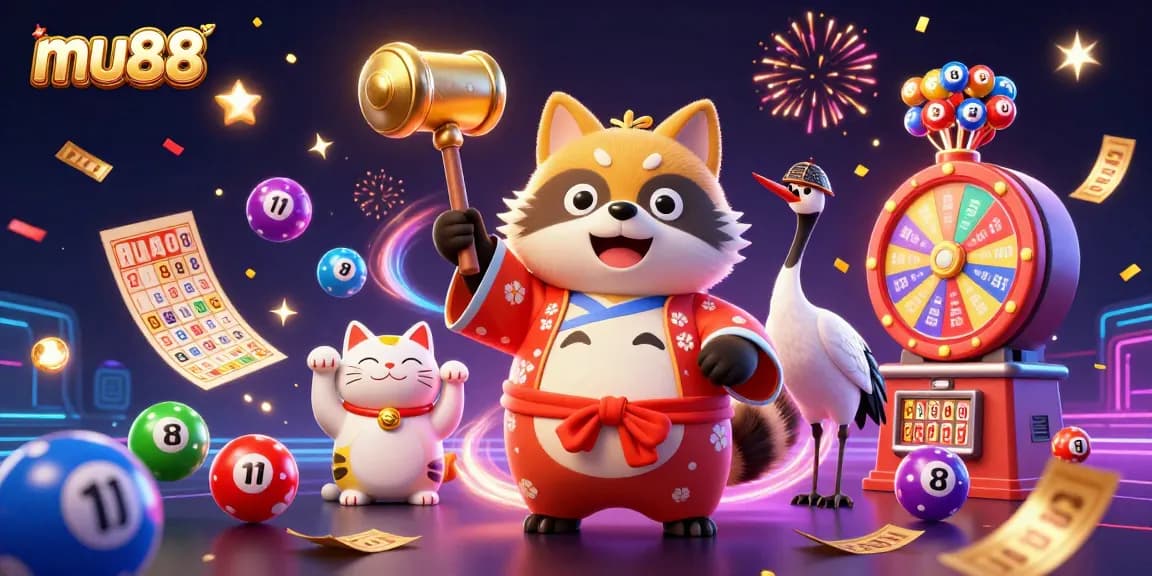 Join the fun at mu88 with colorful gaming elements and cheerful characters celebrating your luck!