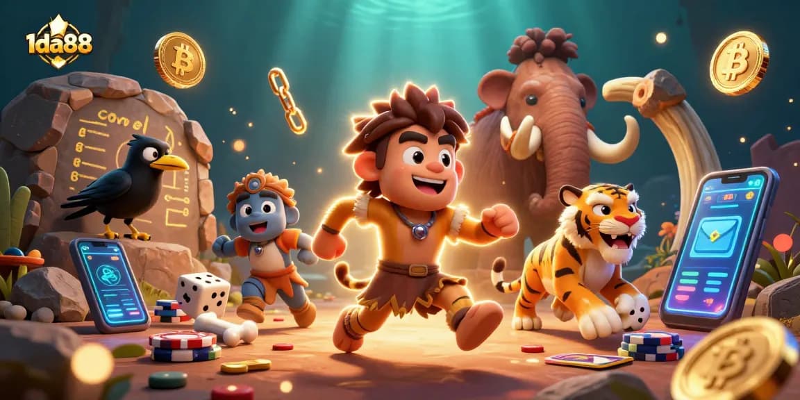 Engage in vibrant 1da88 casino fun with a caveman and sabertooth tiger duo amidst crypto elements.
