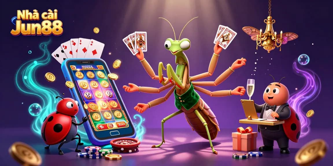 Engage with Nhà cái Jun88's vibrant casino scene featuring a giant praying mantis card sharp and a ladybug pit boss in action.