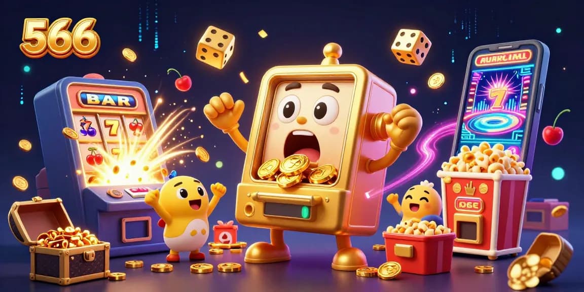 Engage in thrilling wins at 566 with golden slot machines celebrating jackpots amidst vibrant casino elements.