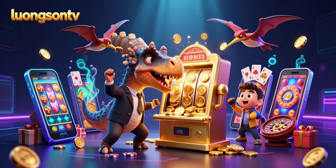 Experience lucrative gaming thrills with luongsontv's dinosaur-themed jackpot scene full of coins.