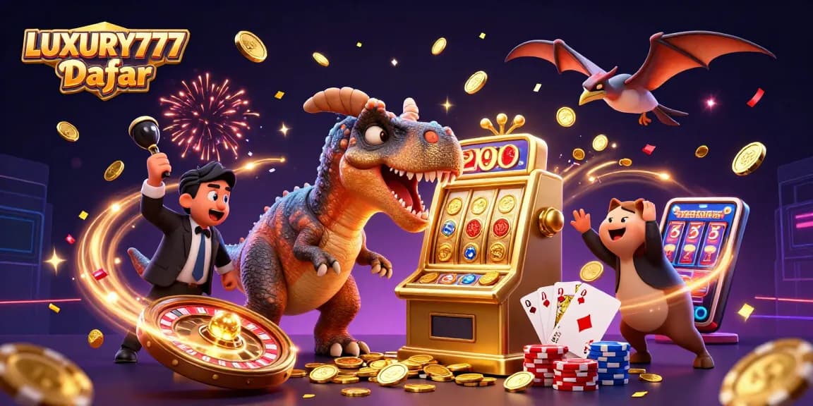 LUXURY777 Daftar, meriah slot kasino dengan dinosaur beraksi dan koin berjatuhan.