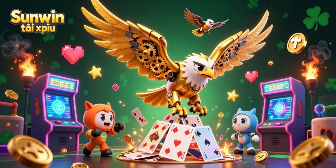 Experience the thrill of Sunwin tài xỉu with a spectacular 3D illustration of a golden eagle amidst casino elements.
