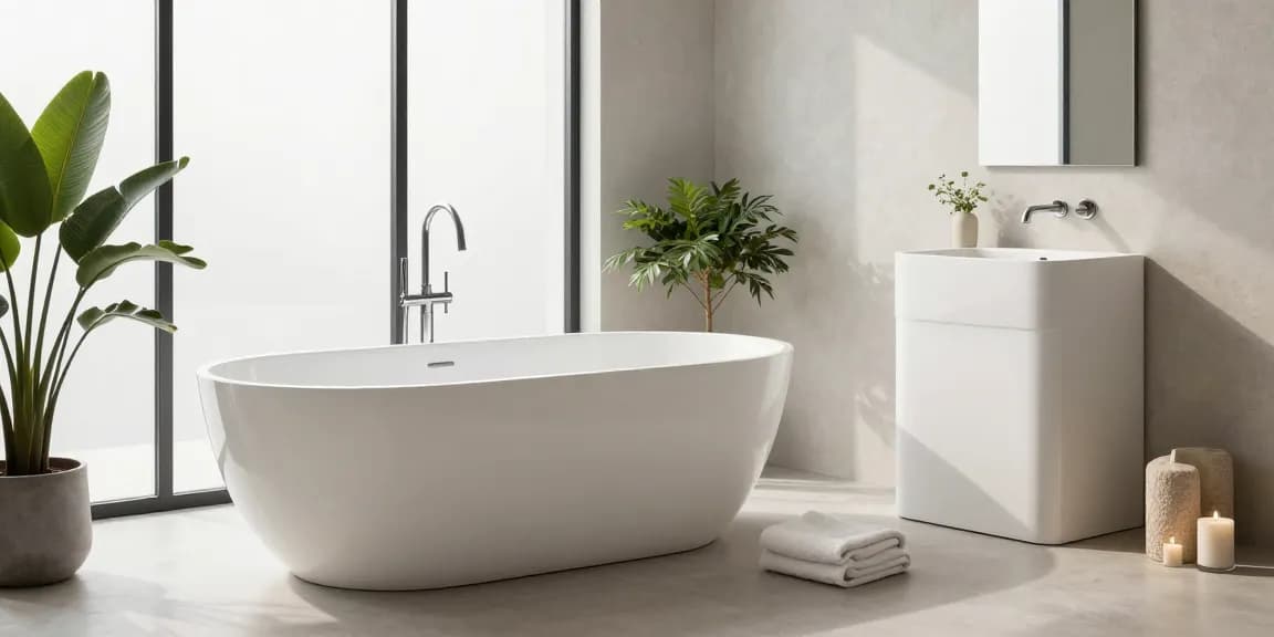 Stylish KingKonree solid surface bathroom with freestanding bathtub and modern basin.