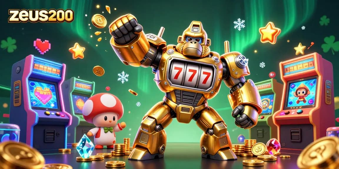 Mengaktifkan peluang kemenangan di kasino online zeus200 dengan ilustrasi karakter gorila emas atau slot mesin yang mengagumkan.