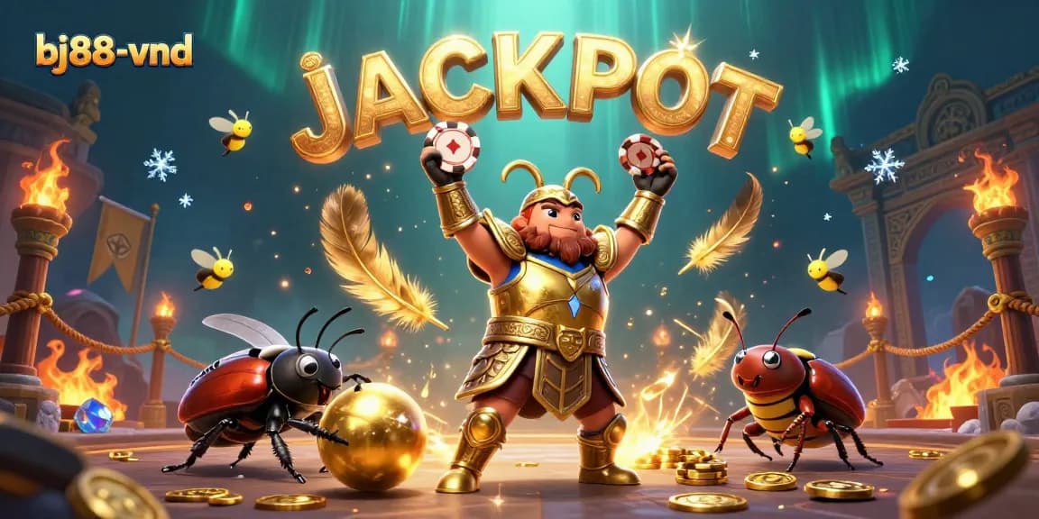 Experience the thrill of winning at bj88-vnd with a vibrant 3D illustration of a victorious beetle lifting a poker chip.